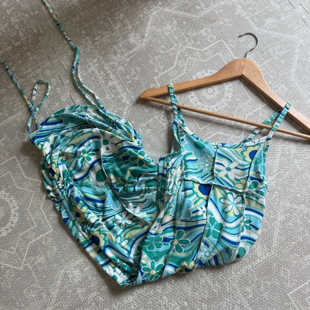 Almost Famous Floral Bodycon Dress Womens Medium Blue Green Ruched Mini
